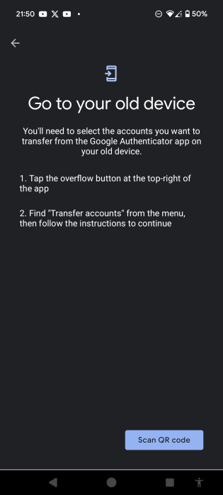 scan QR code prompt, text above reads "Go to your old device" and button at bottom reads "Scan QR code"