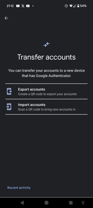 transfer accounts menu, with export and import option